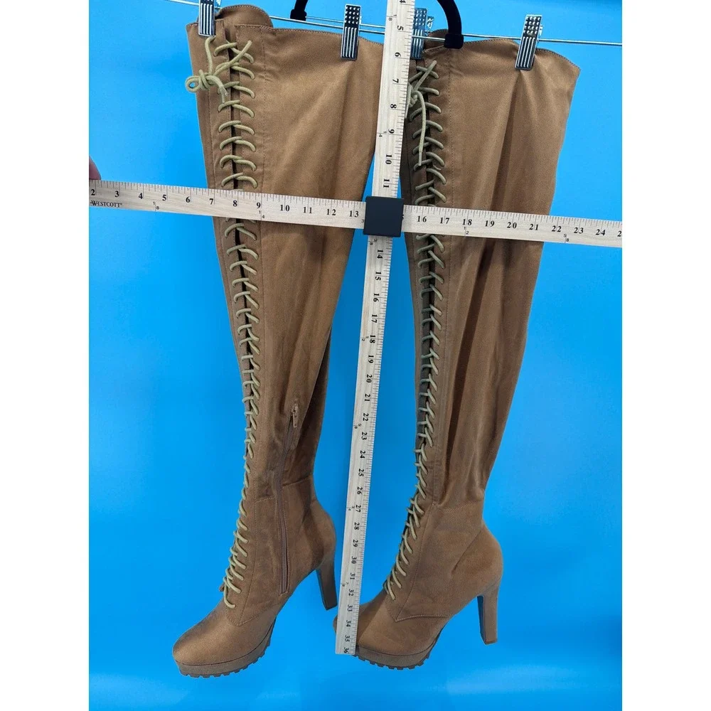 Remi Tan Faux Suede Lace Up Over The Knee Platform Boots Mens 11 Womens 13